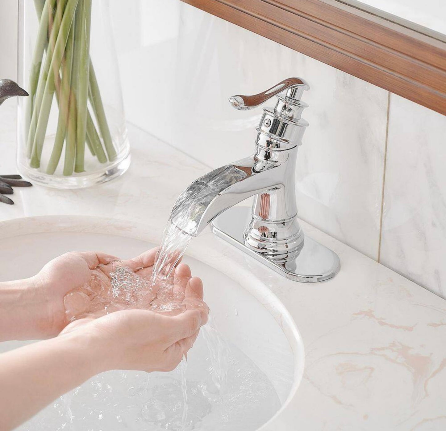 Waterfall single handle faucet in polished chrome