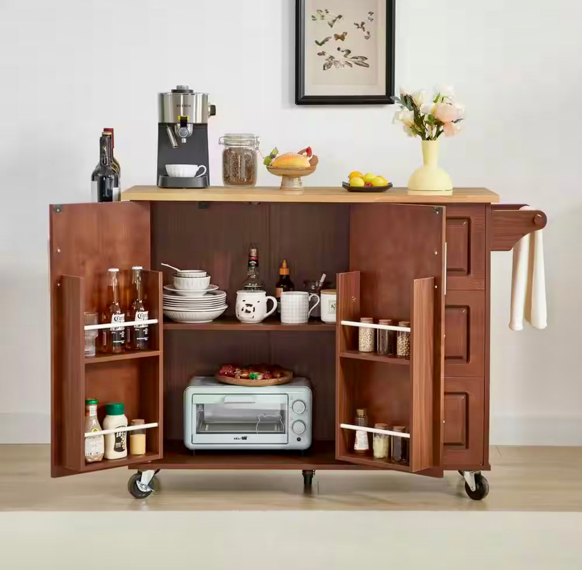 53.8" W kitchen island cart brown wood
