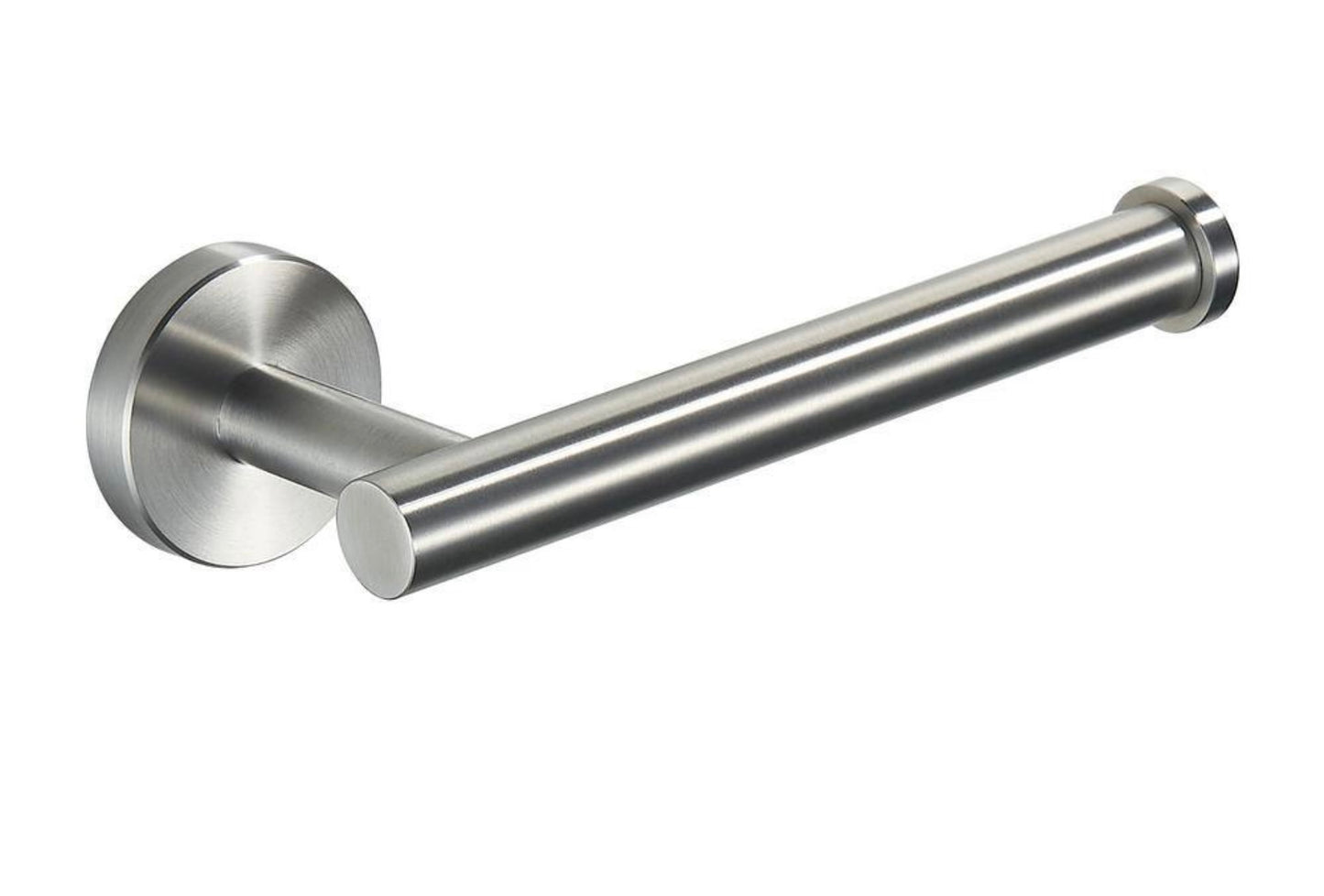 Single arm toilet paper holder in brushed nickel