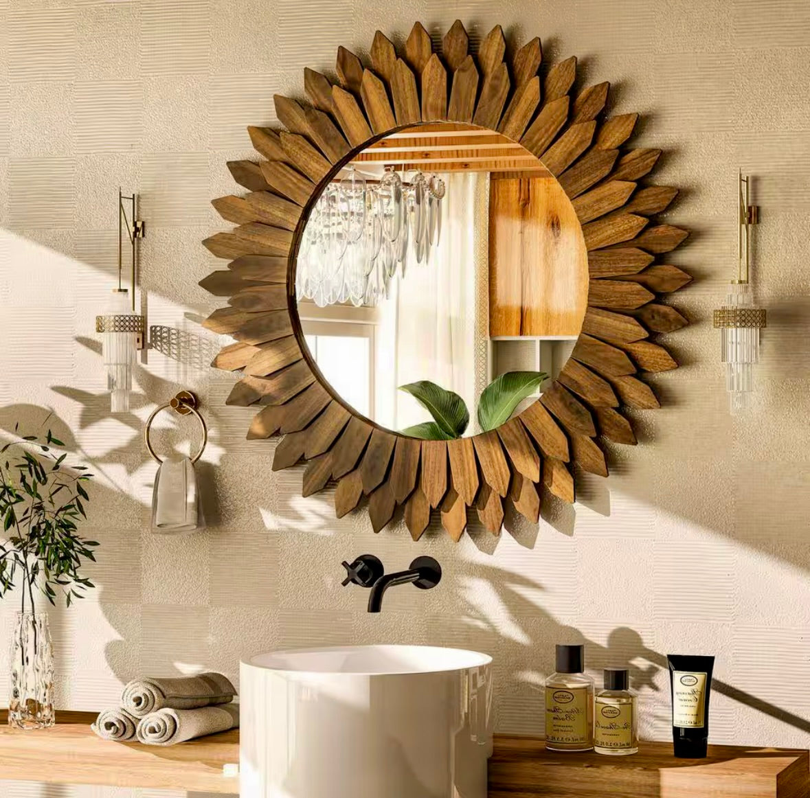 24" Sunburst dark brown wood mirror