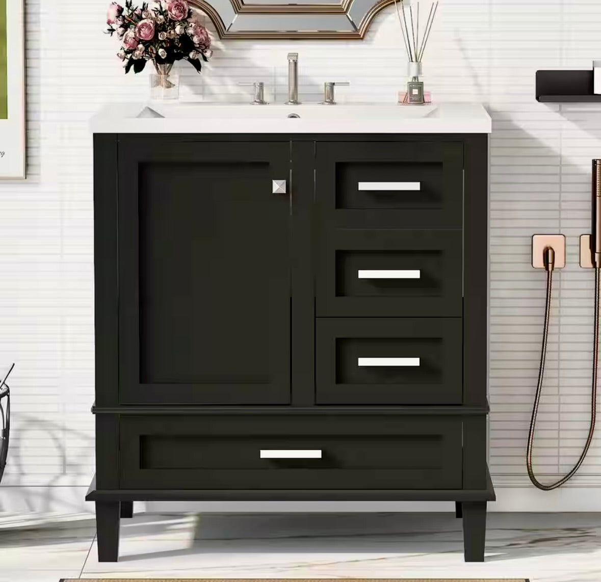 30" Black vanity with ceramic top