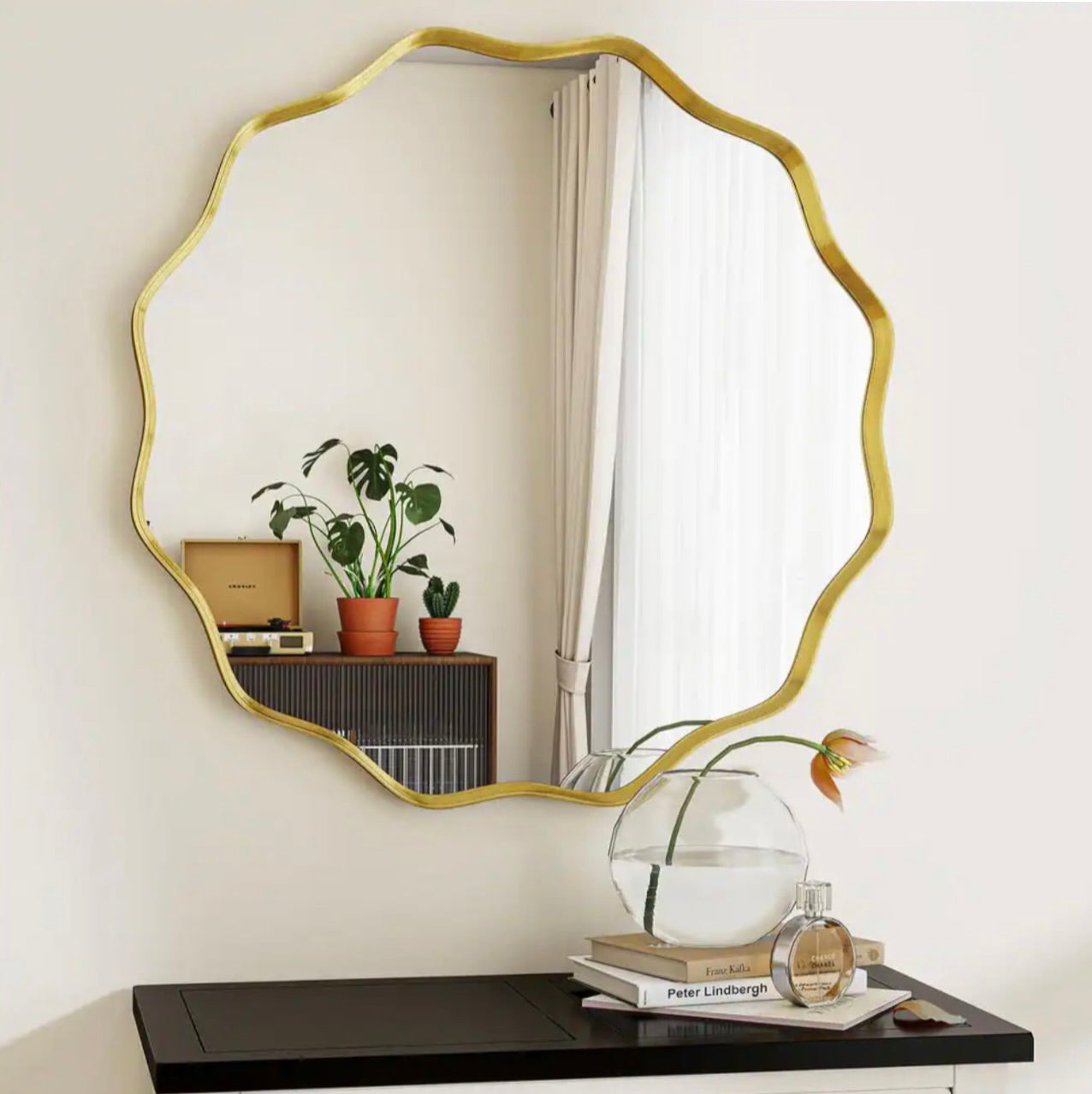 24" round scalloped gold mirror