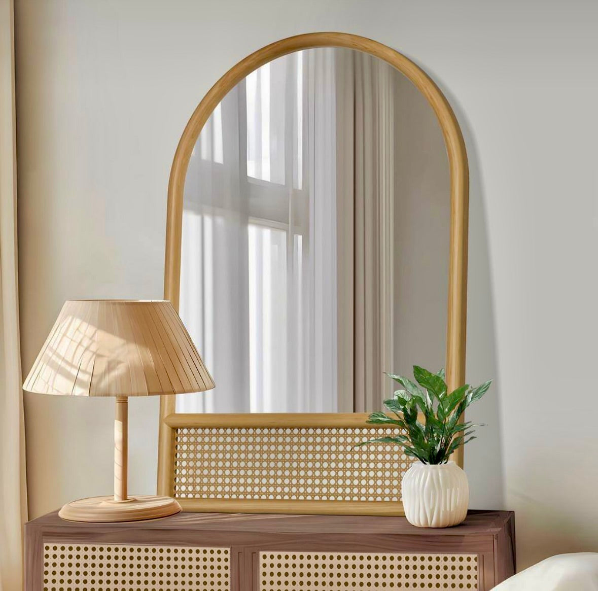 24"x36" Arched wood mirror with rattan bottom