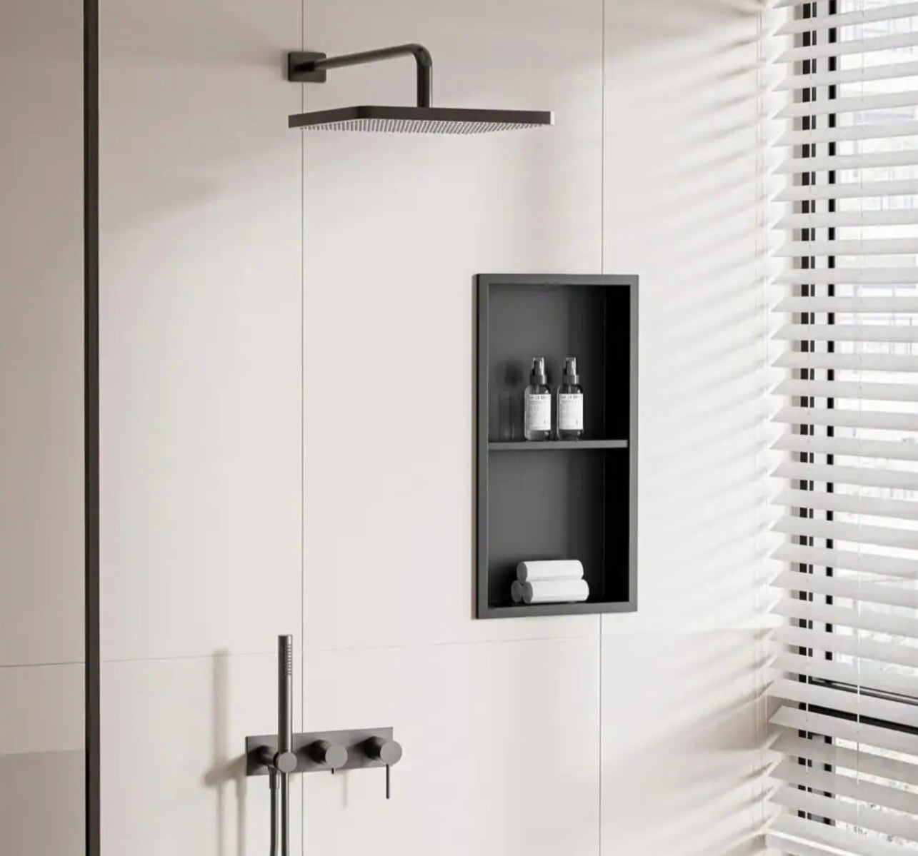 12x24x4 double shelf shower niche black