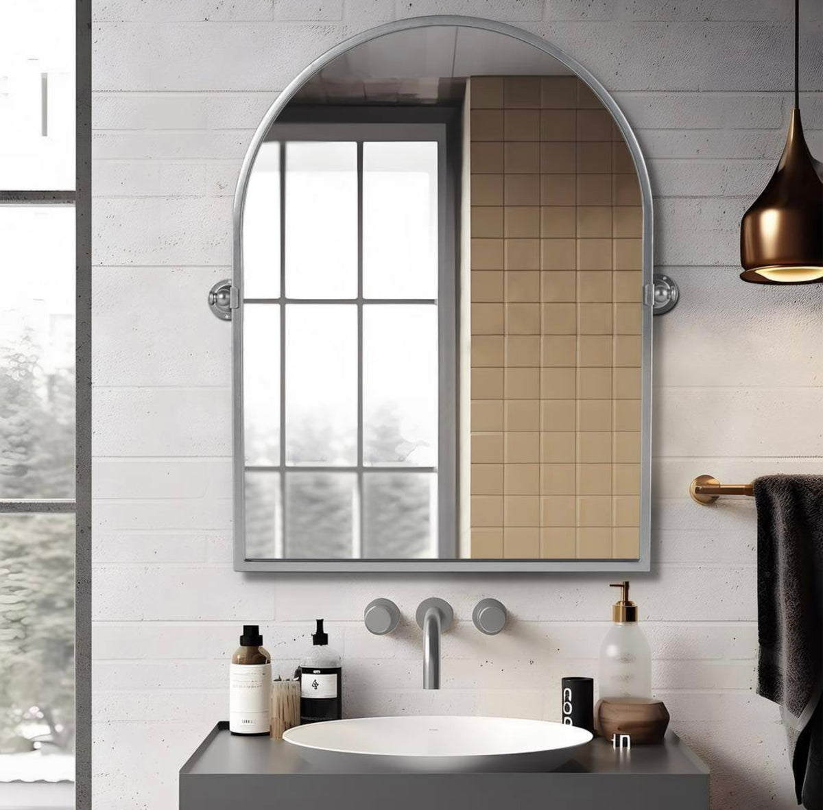 24x36 arched silver pivot mirror