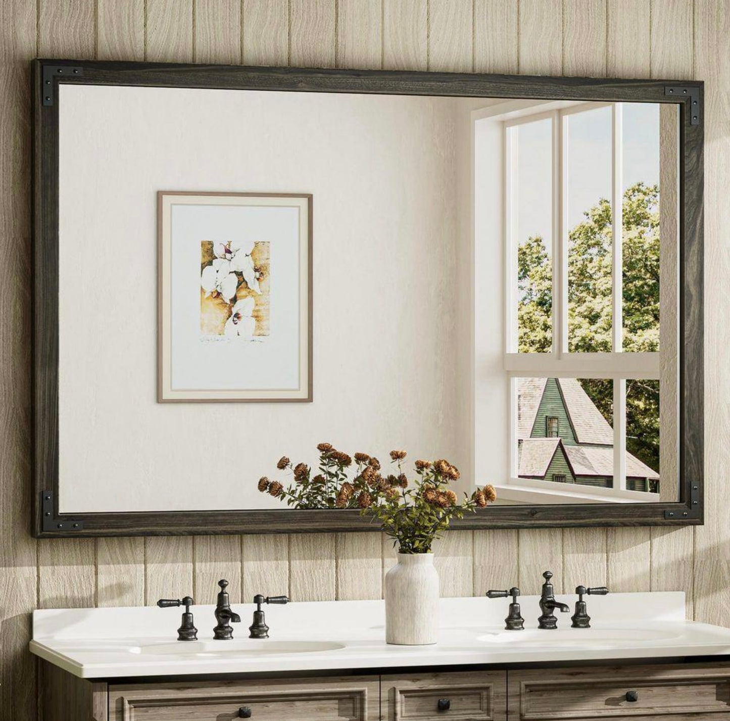 55"x36" rectangle rustic wood mirror in black