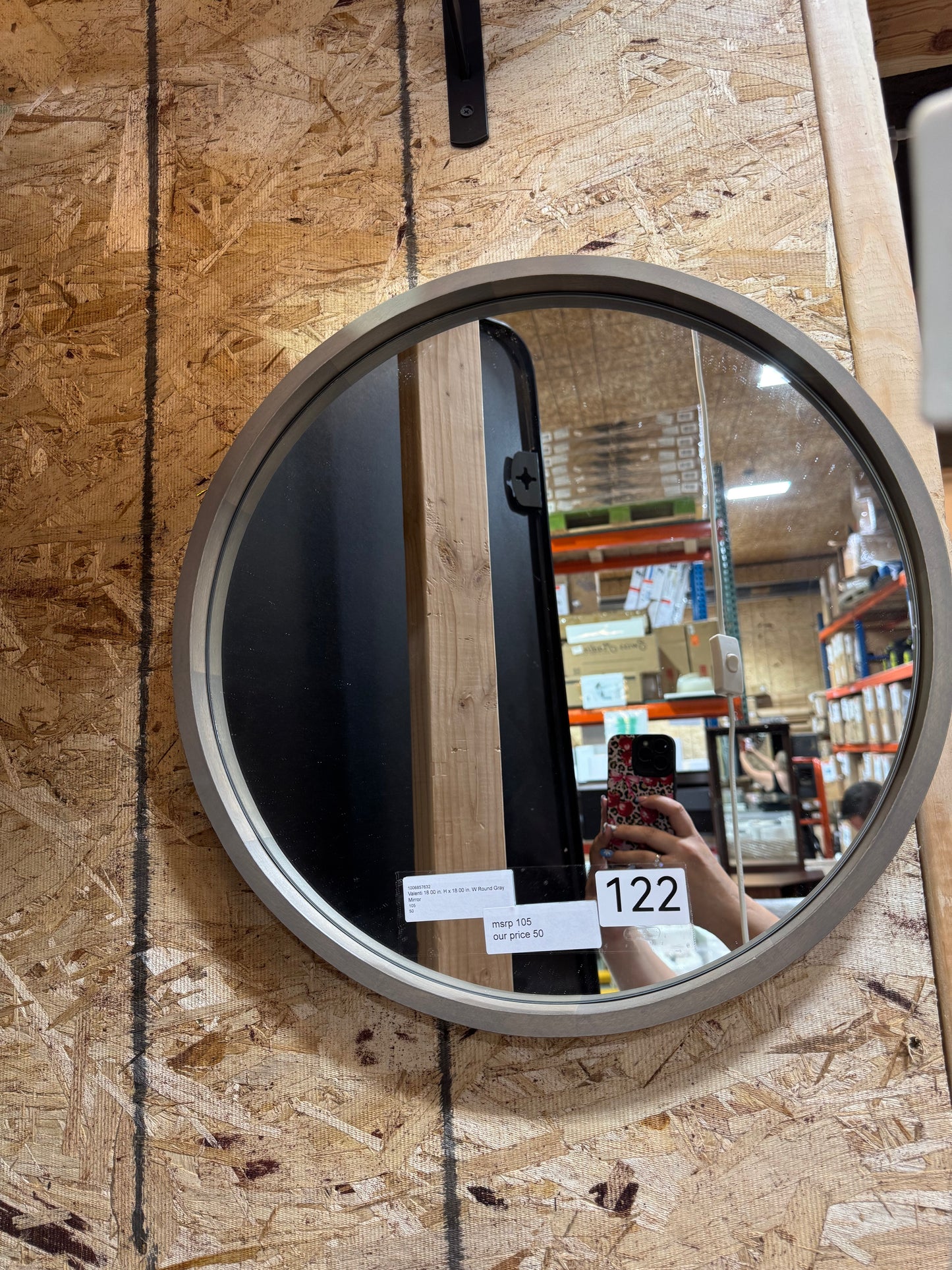 18" round gray wood mirror