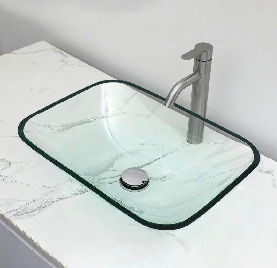 20 in clear tempered glass rectangular vessel sink