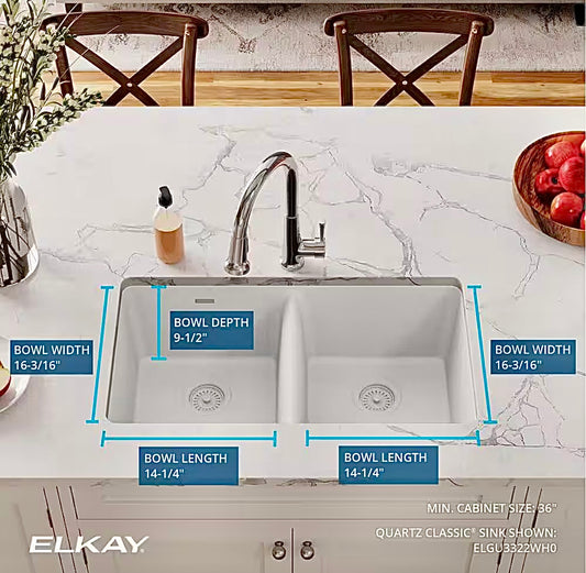 Quartz 33" undermount double bowl sink