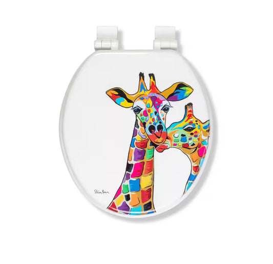 Round wood toilet seat with giraffe design