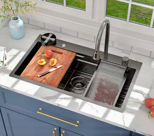 Lordear 33"x 19" Black drop in single sink w/workstation & faucet