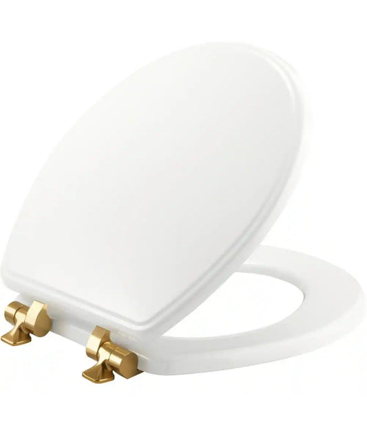 Weston round wood toilet seat in white w/gold hinges