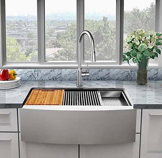 Zero radius 33" apron front double bowl sink