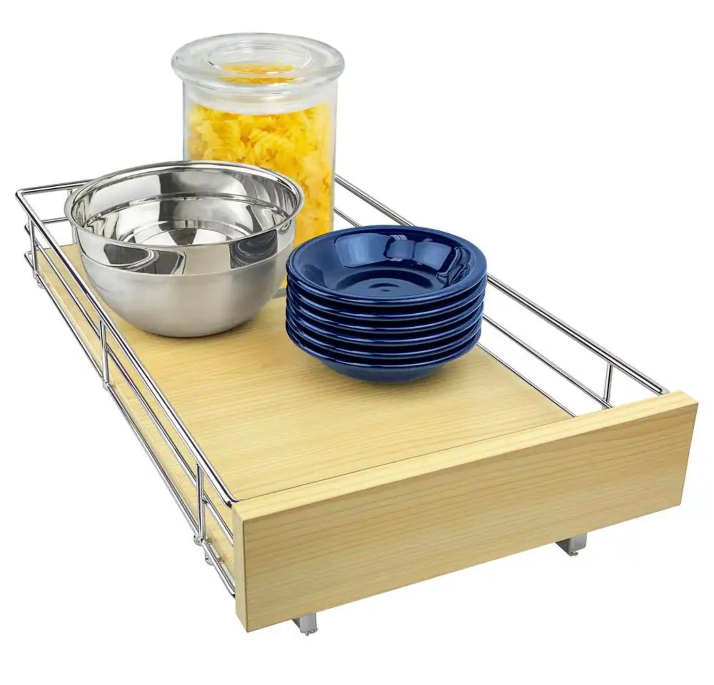 Slide out wood cabinet organizer in chrome