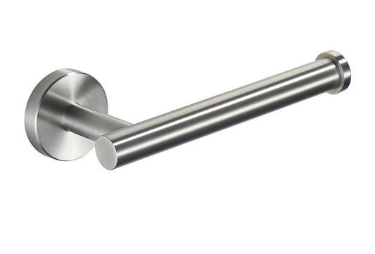 Single arm toilet paper holder in brushed nickel