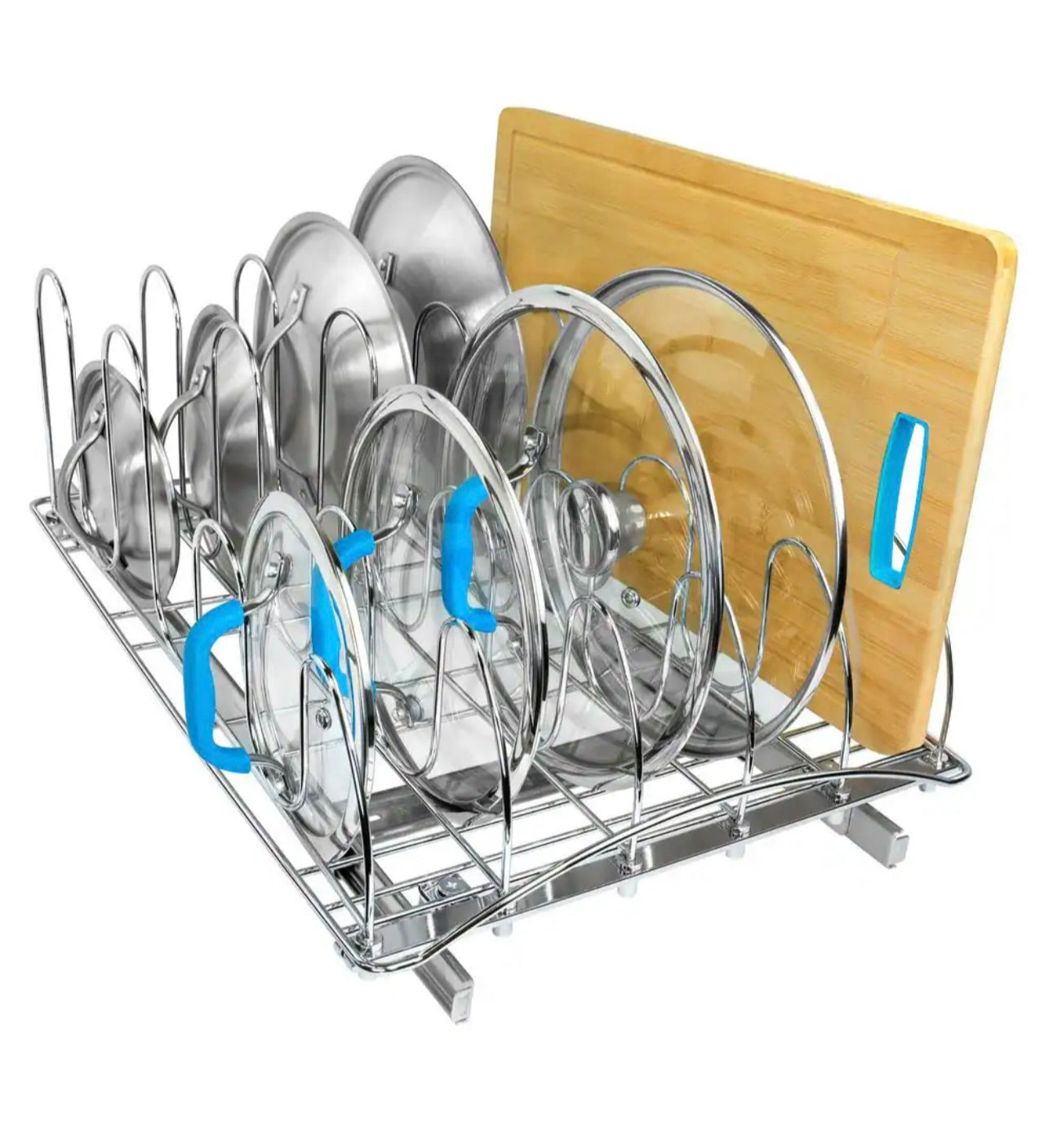 Pull out pot lid and cookie sheet organizer for cabinet
