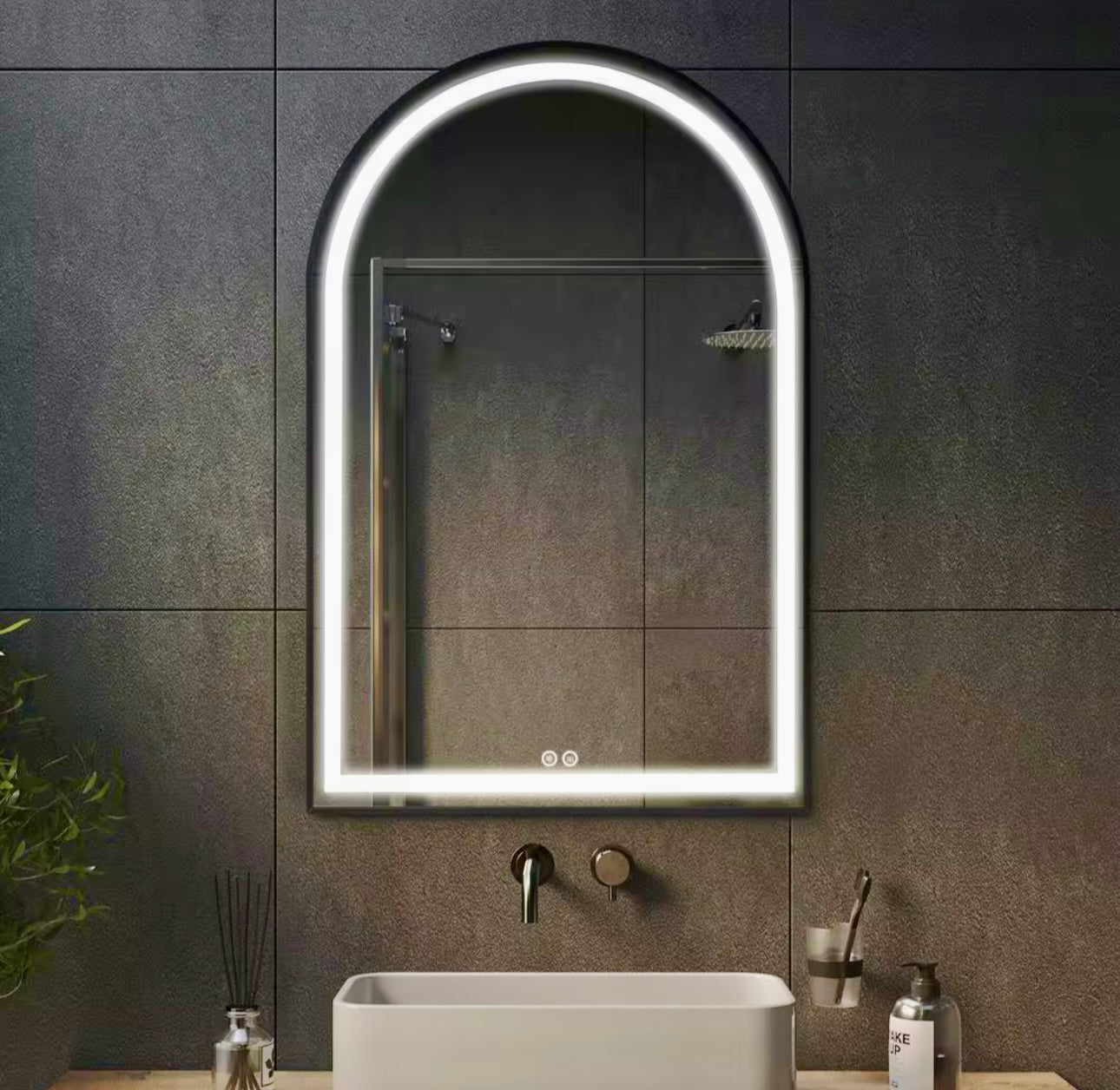 26"x38" arched LED black mirror