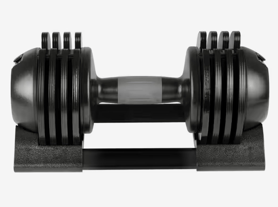 1 black adjustable dumbbell with tray