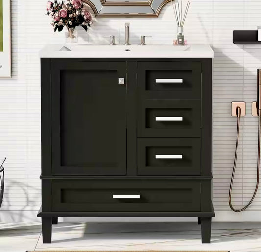 30" Black vanity with ceramic top