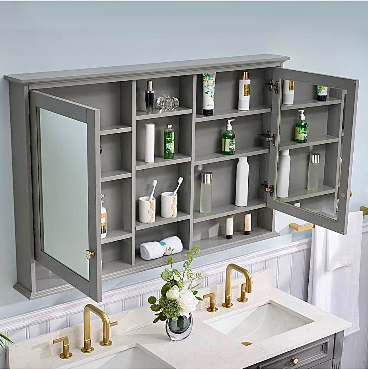 55" medicine cabinet with shelves in gray
