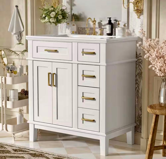 30" white vanity with white ceramic top