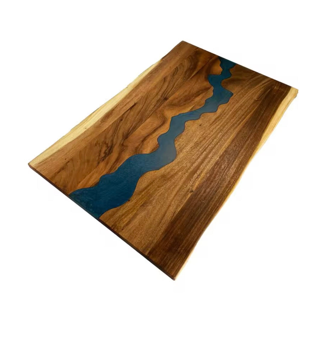 7ft x 40" saman live edge island with blue epoxy river