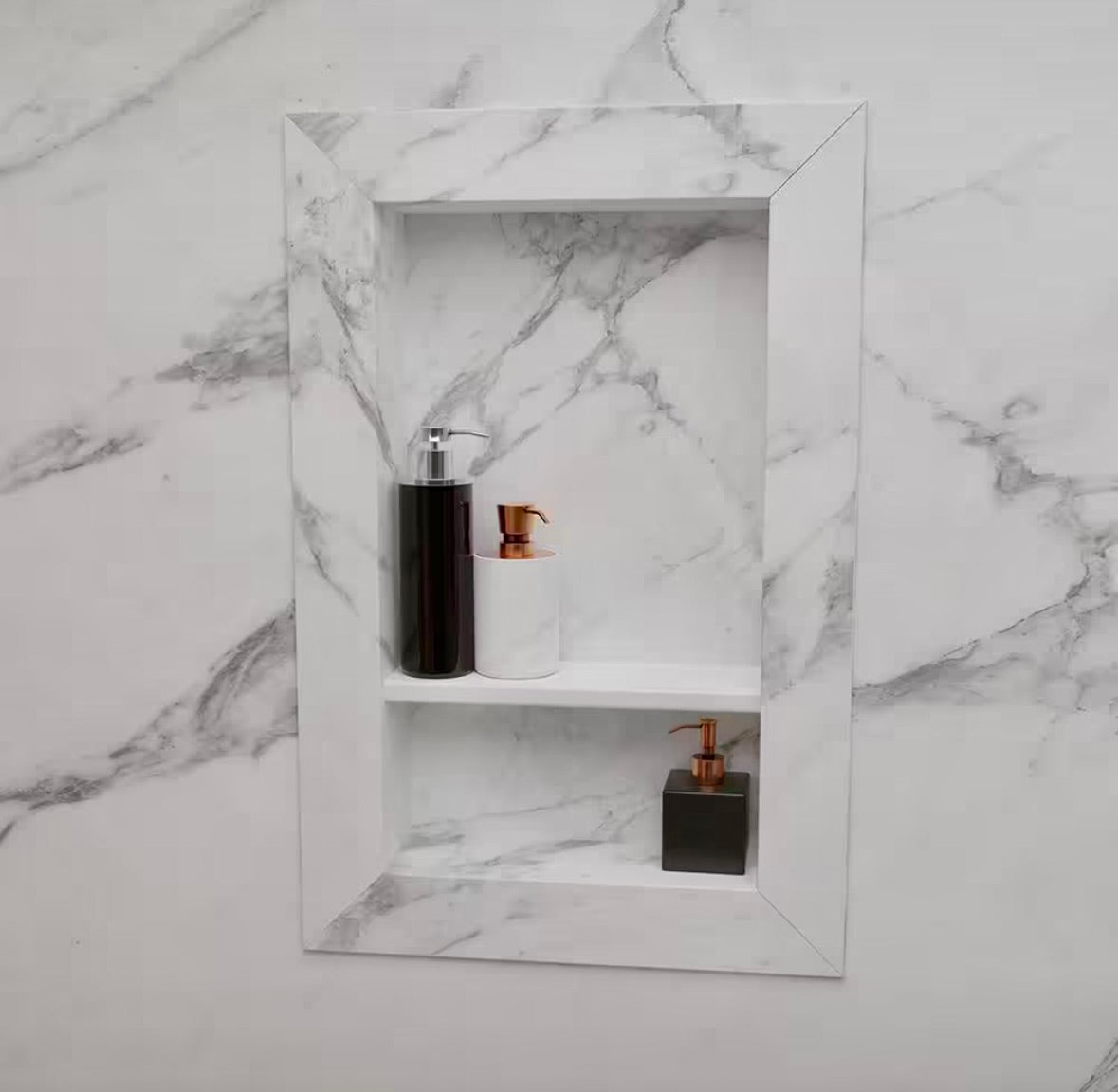 17 in x 26 in Recessed shampoo caddy in calacatta white