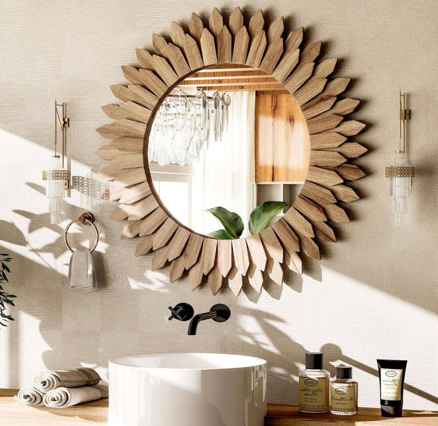24" sunburst wood mirror