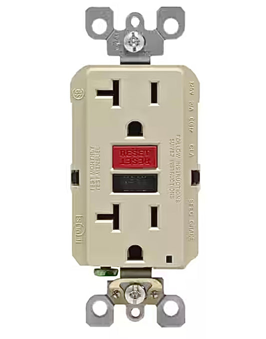 20 Amp self test duplex GFCI outlet in ivory