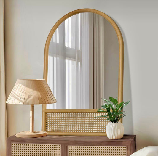 24"x36" Arched wood mirror with rattan bottom