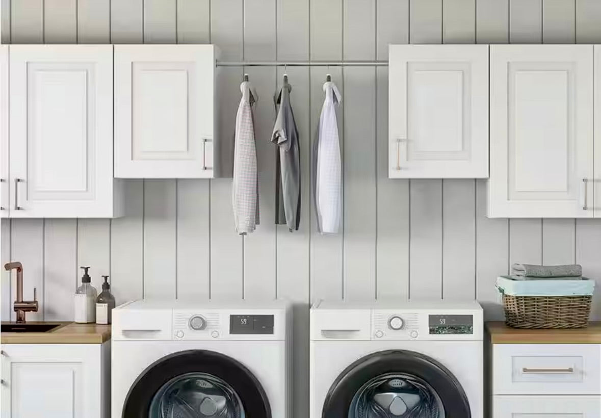 Greenwich 23 in x 58 in laundry room wall cabinet and pole in verona white