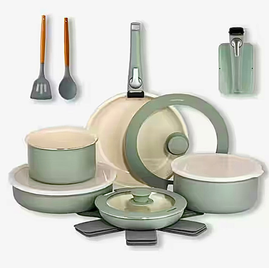 18 piece detachable handle cookware set in sage