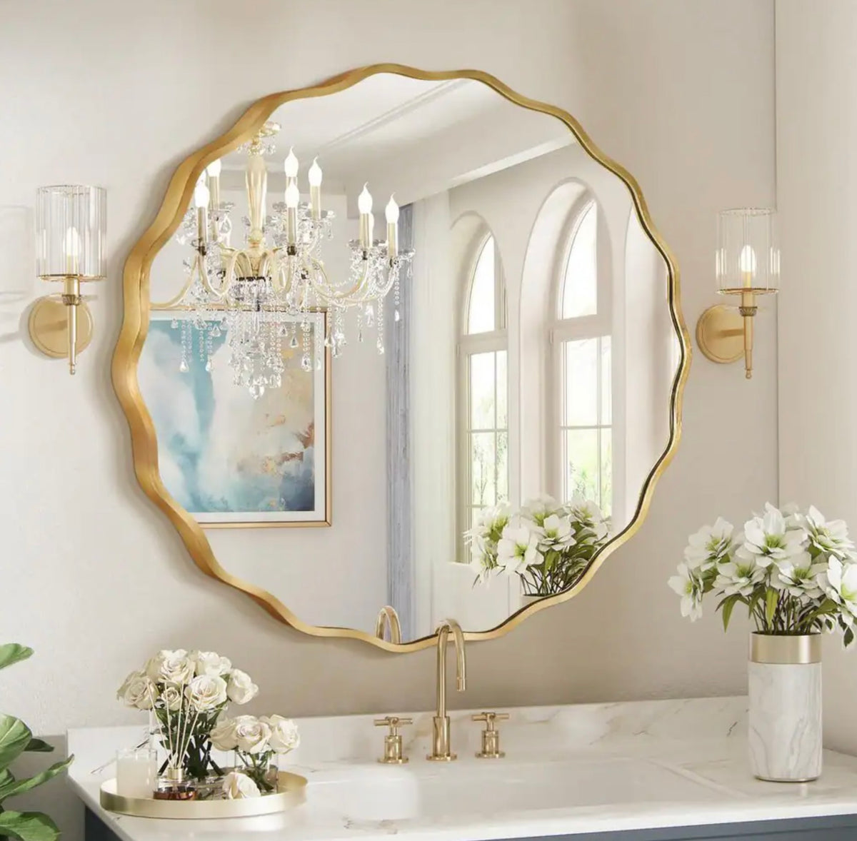 31.5" round scalloped gold mirror