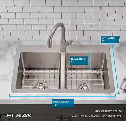 Avenue 33" drop in/undermount double bowl kitchen sink