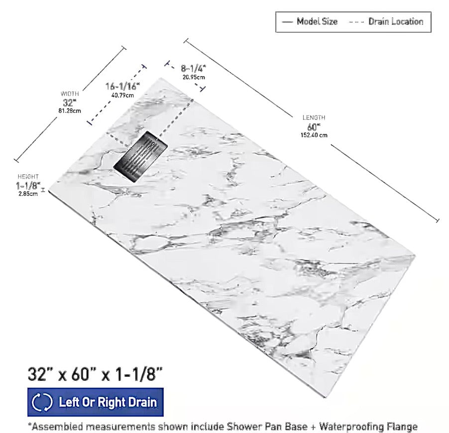Castico 32x60 stone shower base reversible drain