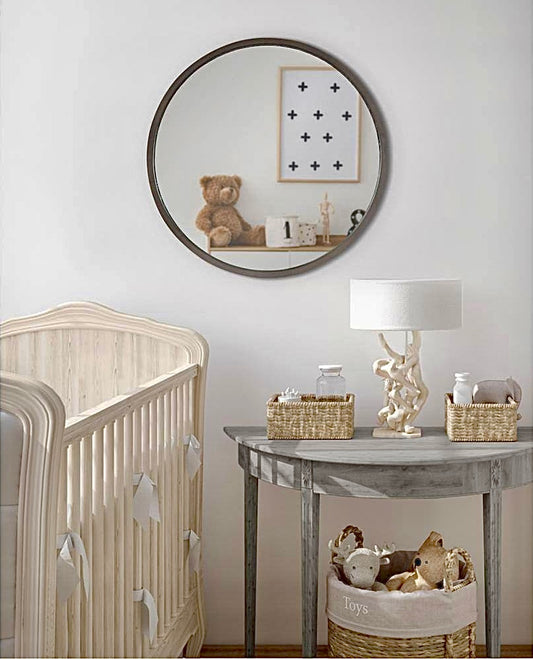 18" round gray wood mirror