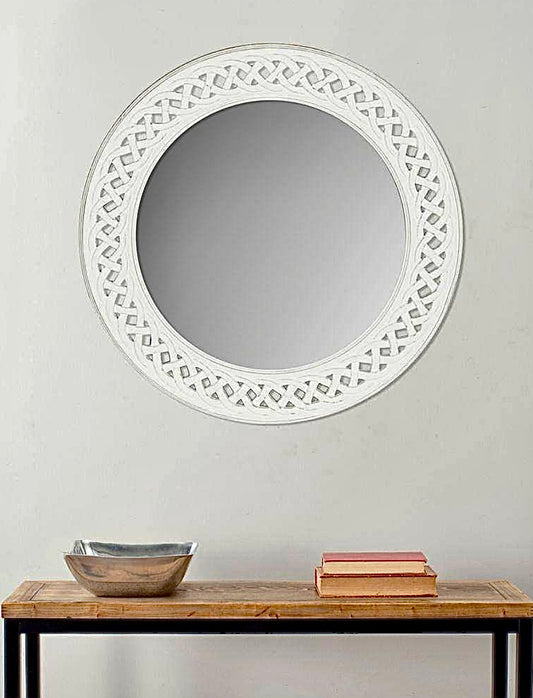 24" white braided wood mirror