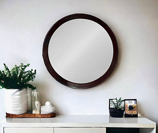 19.8"x19.7" round dark wood mirror