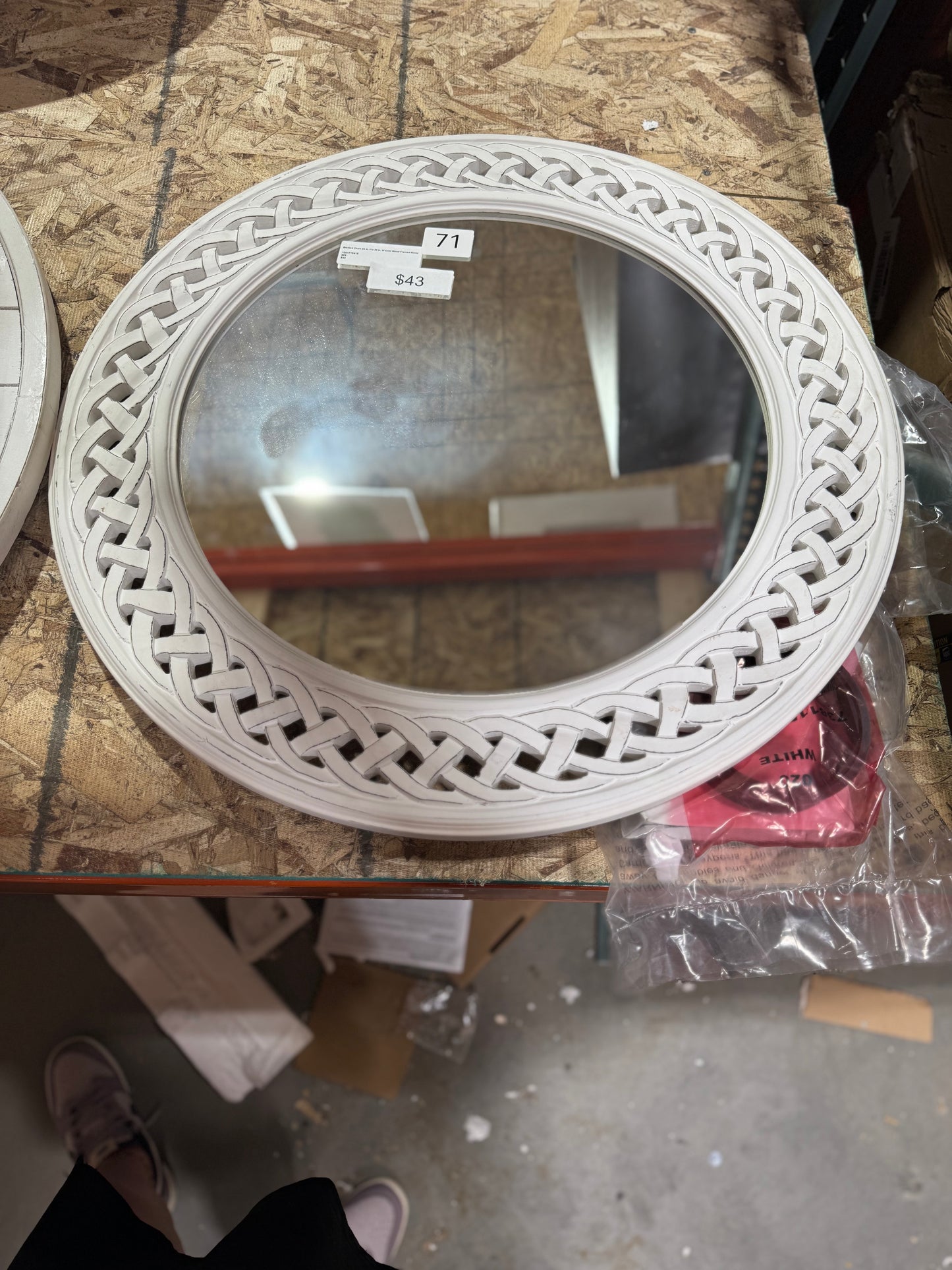 24" white braided wood mirror