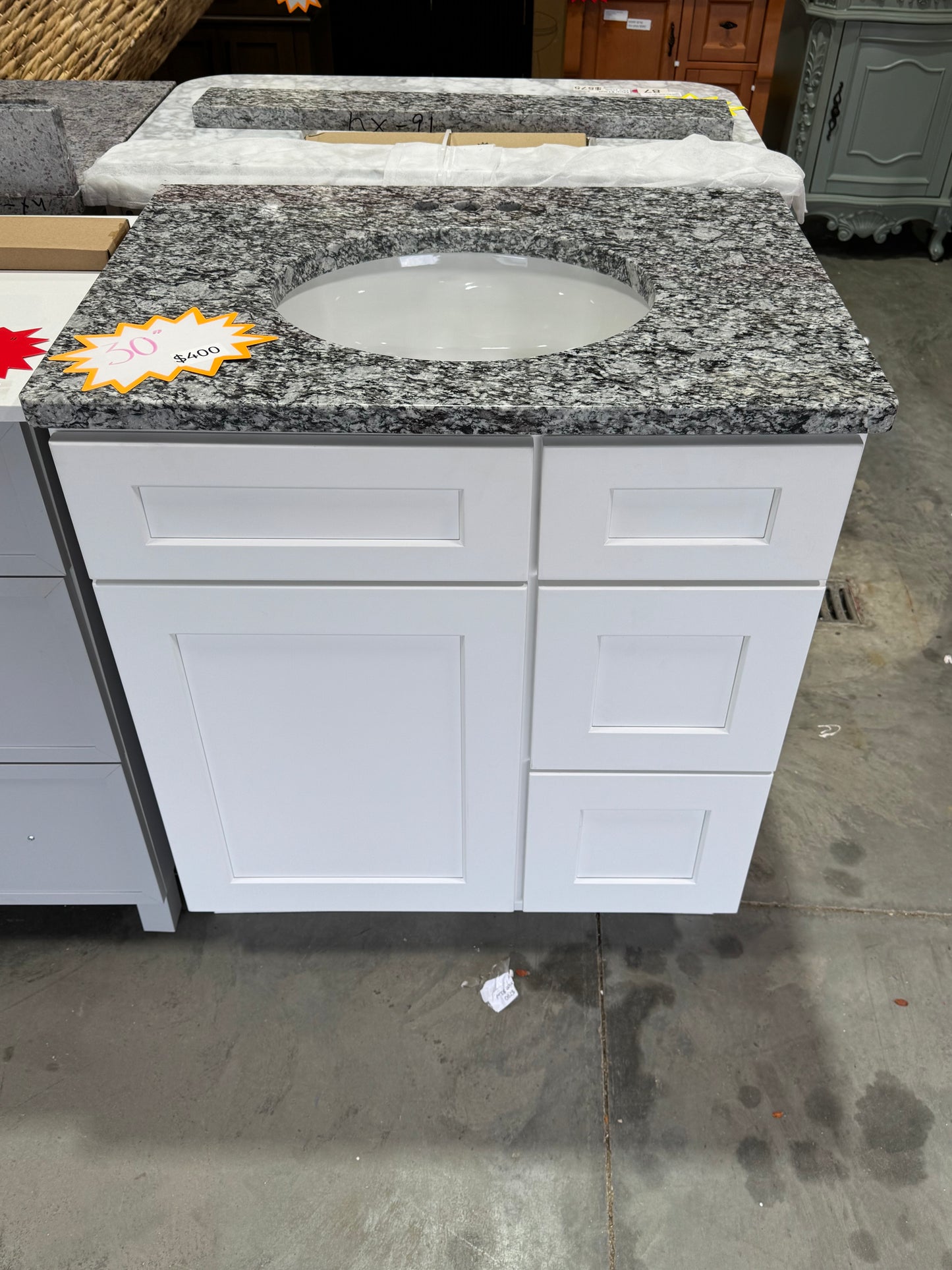 30" white shaker vanity with granite top